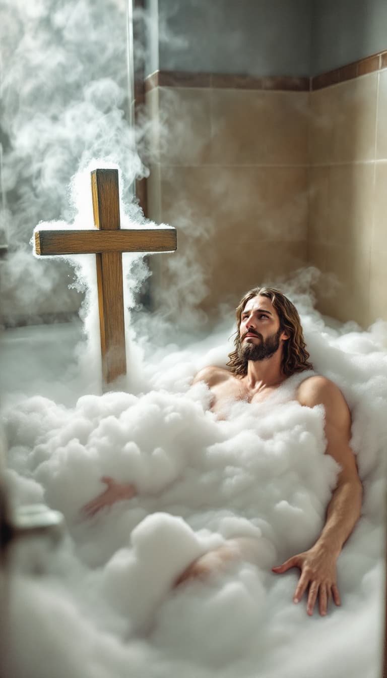 AI generated: A quirky side view of a regular household bathtub, with a cross rising from the water on the left, a...