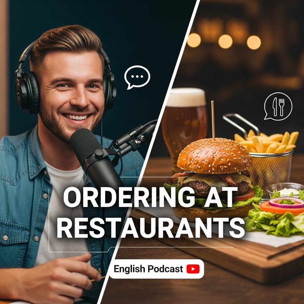 AI generated: Youtube thumbnail for english podcast video with topic: ordering at restaurant