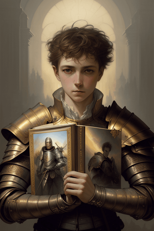 AI generated: breathtaking soft painting of arthur rimbaud with an intricate knight armor in a golden sky, books f...
