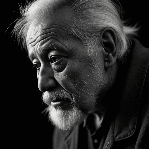AI generated: side profile photo, mamiya, blacj and white, An image of a very tired old homeless man, black backgr...