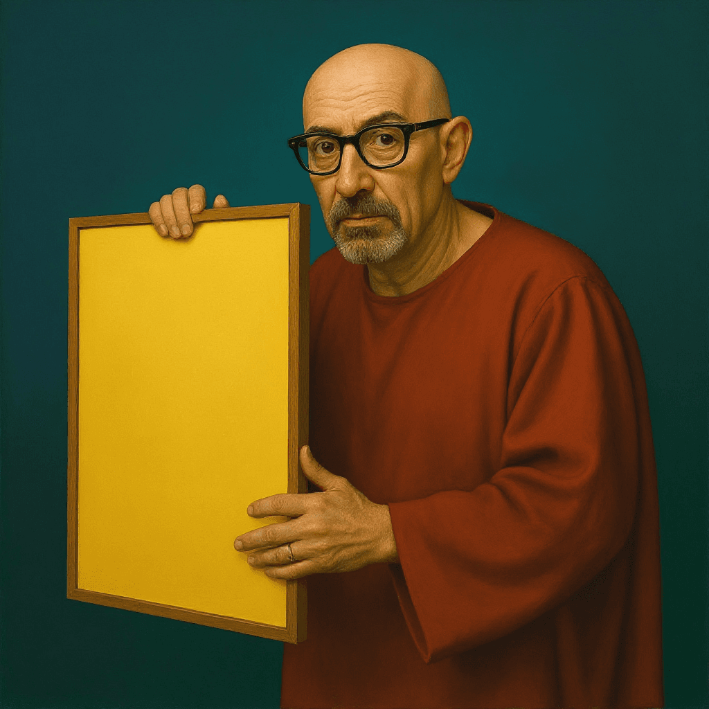 AI generated: surrealist portrait photo of the man recommending a framed artwork, single color cyan background col...