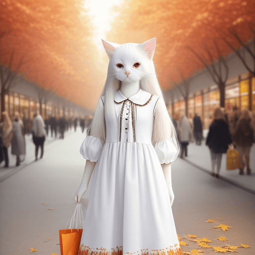 AI generated: ultra photo realistic white long hair cat wearing an autumn dress, background of a busy shopping, 50...