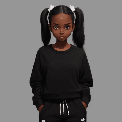 AI generated: a beautiful dark-skinned girl with black pigtails stands in black sweatpants, and white sneakers, wi...