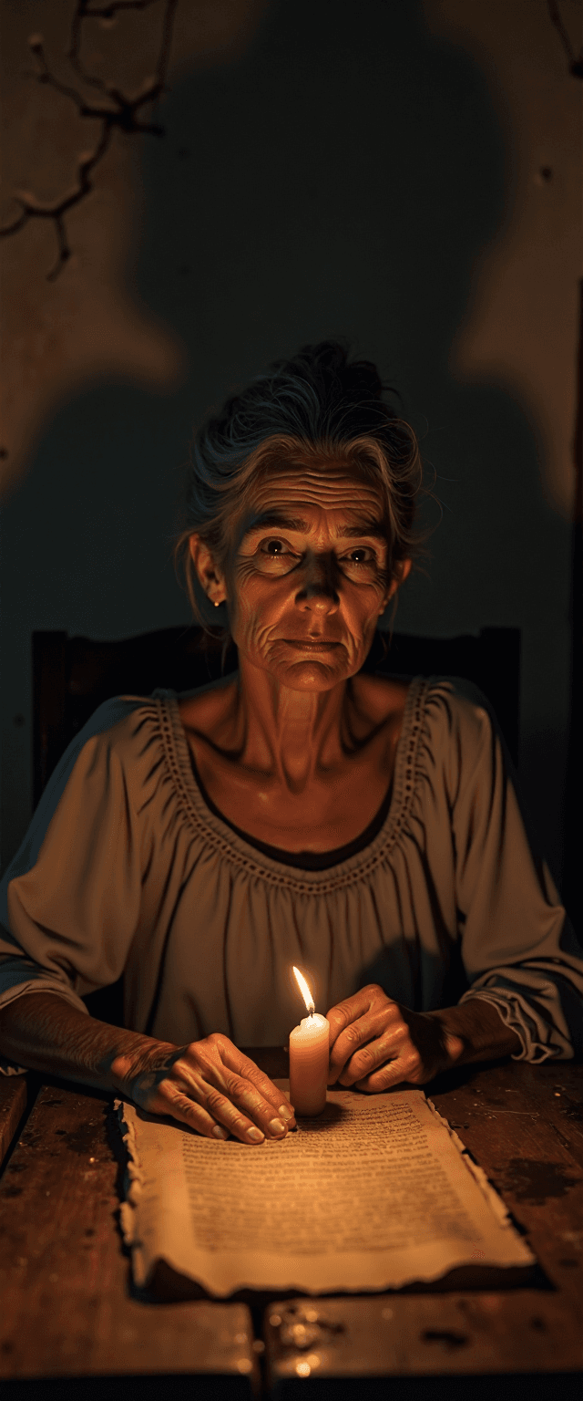 AI generated: A 45-year-old woman sits at a rustic wooden table in a dimly lit room, her features illuminated by t...