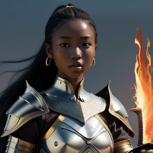 AI generated: Young African-Asian girl. High definition. 8k. Sword. Armor. Fire. Action. Triller. Well defined fac...