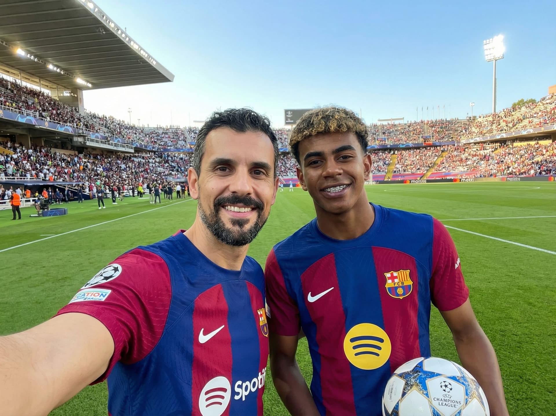 AI generated: Imagen tipo selfie vertical, los dos visten la misma camiseta del Fc Barcelona, de fondo ambiente de...