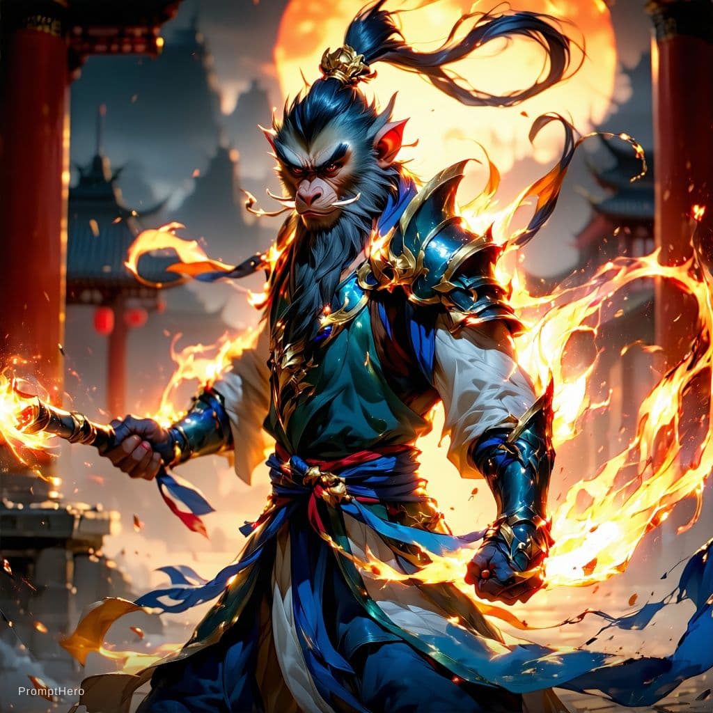 AI generated: masterpiece, concept art, mid shot, dynamic pose, centered, splash art, Sun wukong, (anthropomorphis...