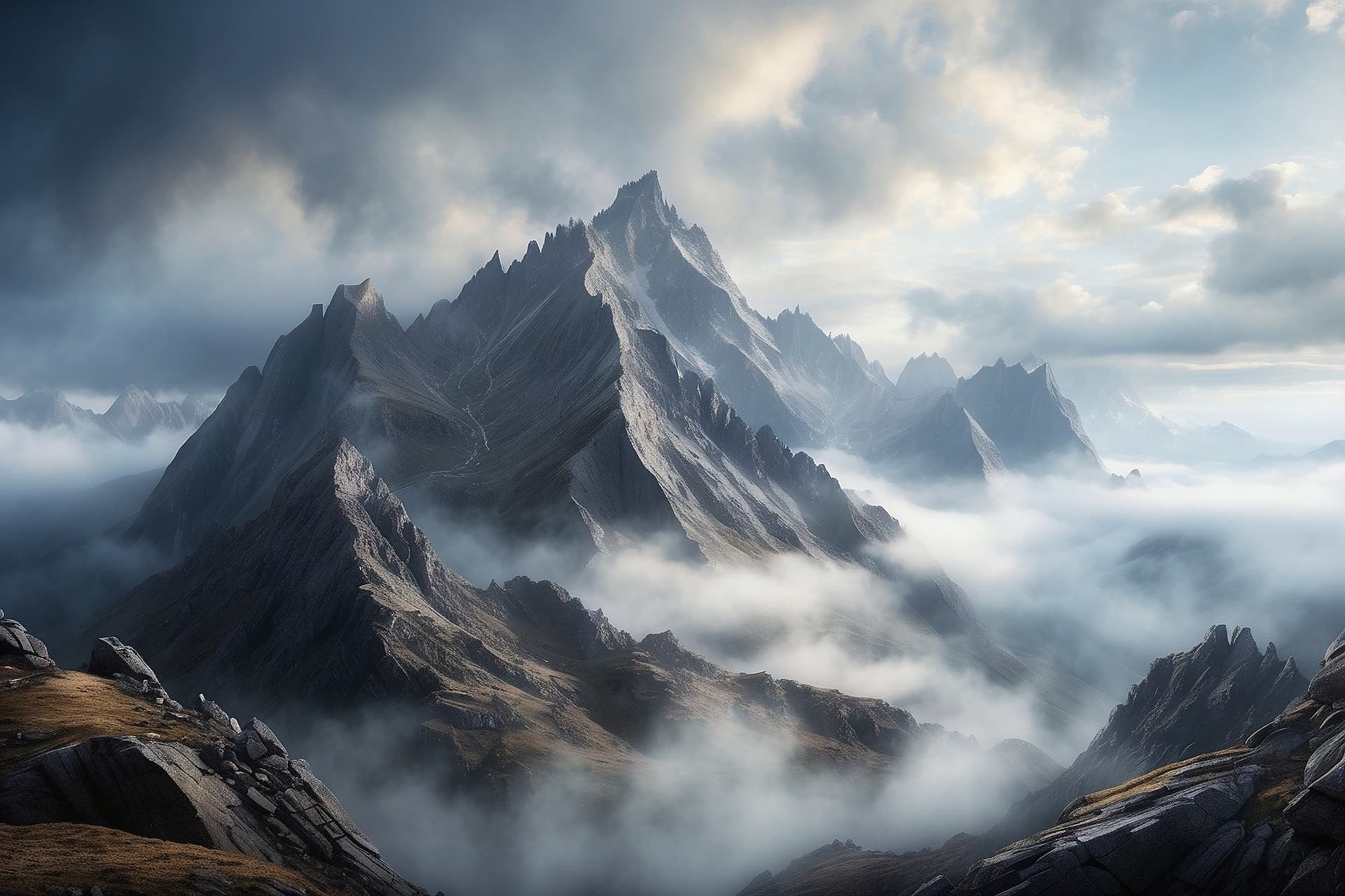 AI generated: A dramatic mountain peak, shrouded in mist and mystery. The jagged edges of the rocks and the swirli...