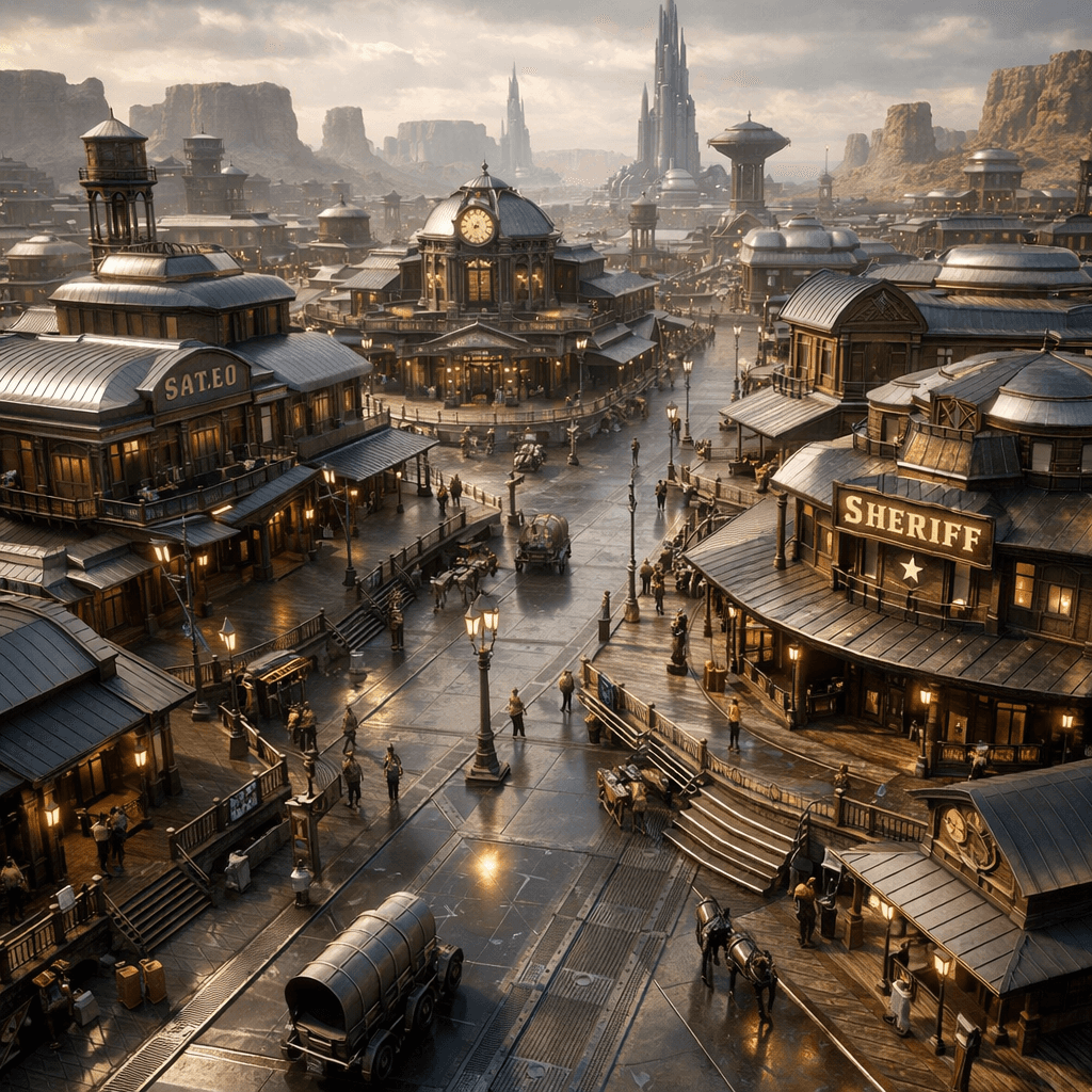 AI generated: Display an aerial view of a sleek, futuristic Old American Western City, a reminder of the rough ter...