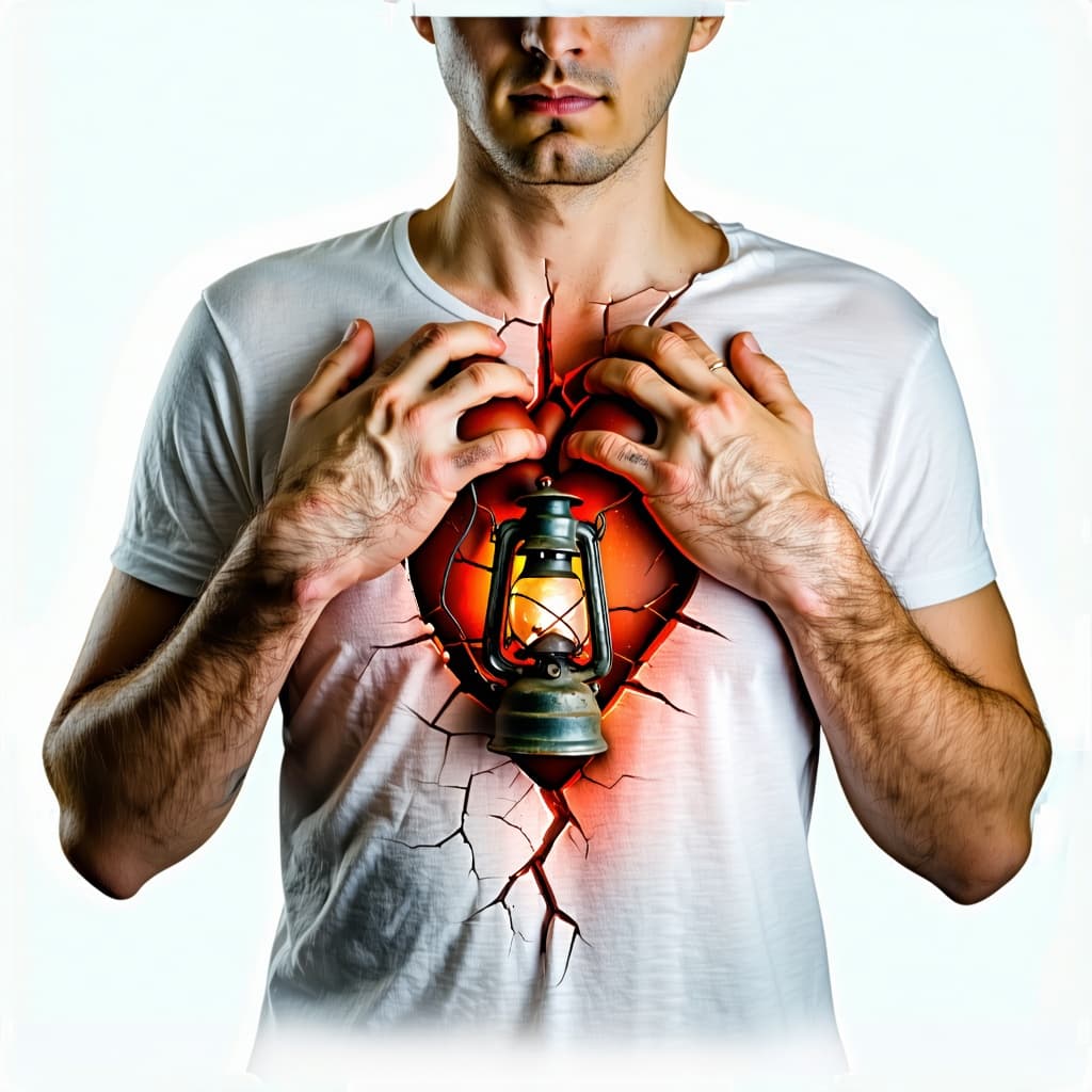 AI generated: An artistic simulation of a man holding his chest open with his hands and inside the heart is a brok...