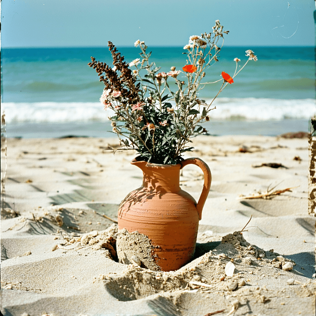 AI generated: old Photo of a terracota 
vase buried in the sand on a beach with some wild flowers in the vase