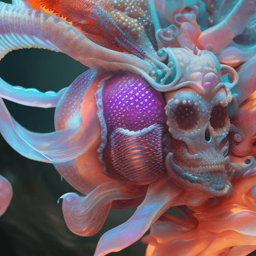 AI generated: Goddess close-up portrait ribcagel. jellyfish phoenix head, nautilus, orchid, skull, betta fish, bio...
