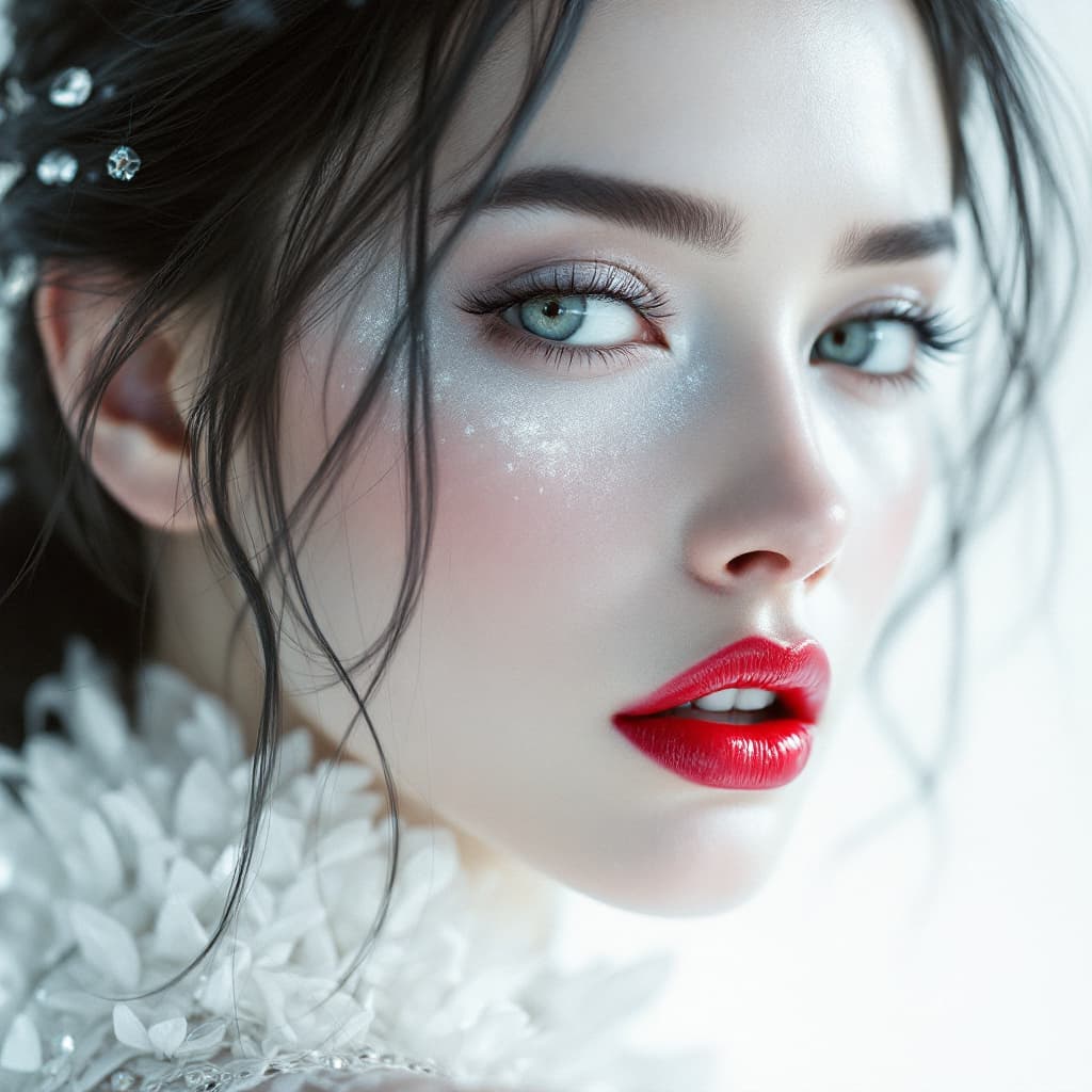 AI generated: white background, beautiful portrait of in white and silver colors, with red lipstick, in the style ...
