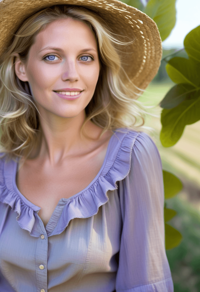 AI generated: This is a photograph of a woman staring at the viewer with her light blue eyes and a big smile. Wavy...