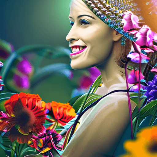 AI generated: Beautiful Woman with a smile appears from colorful flowers, cinematic lighting, photo realistic, by ...