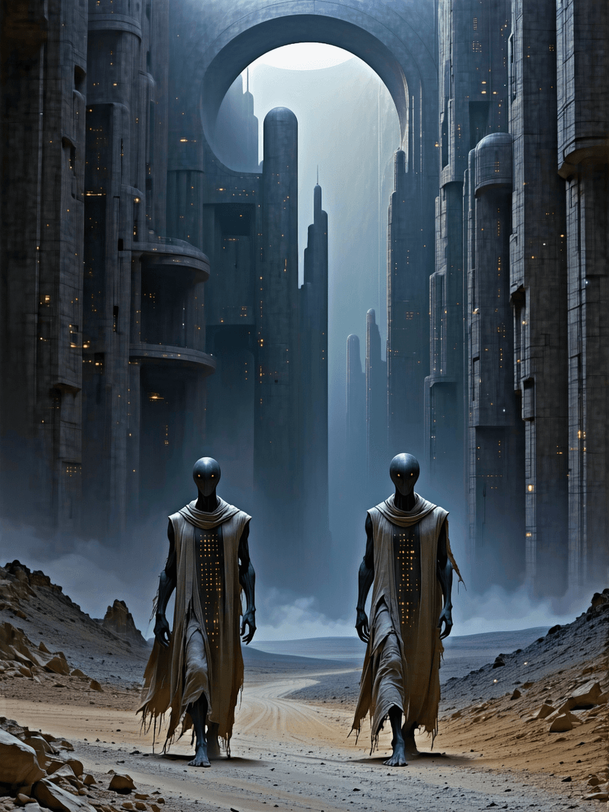 AI generated: /Artprompt Sci-fi, create a dystopian futuristic scene depicting two (strange beings:1.5) resembling...