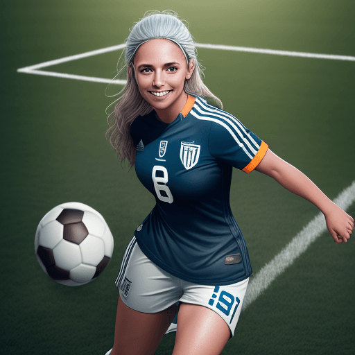 AI generated: professional sports athletic woman dressed as soccer player, soccer ball, smiling, football pitch in...