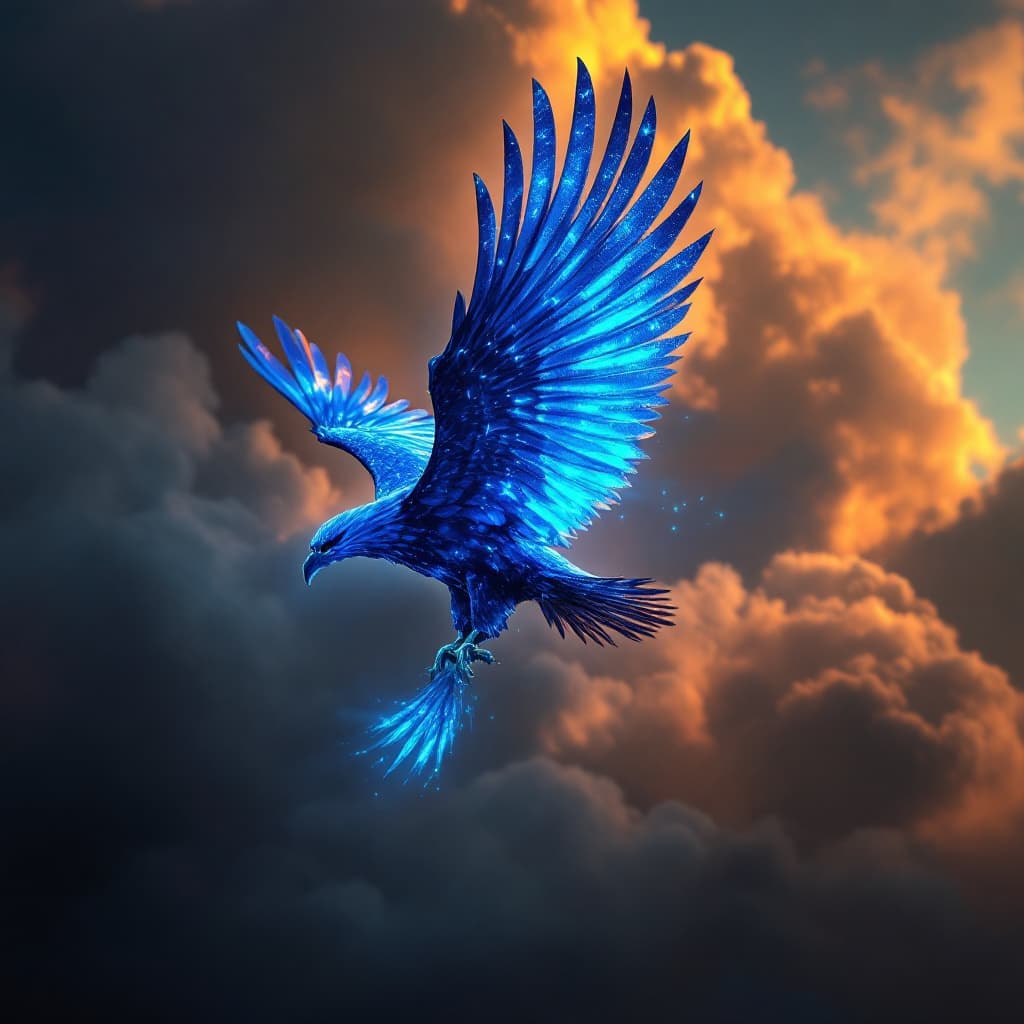 AI generated: aguila flying  bioluminiscente azul neón UHD que tenga forma de  escudo militar 