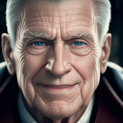 AI generated: photograph close up portrait 85-year-old Captain America, clean shaven, kindly smiling at camera, st...