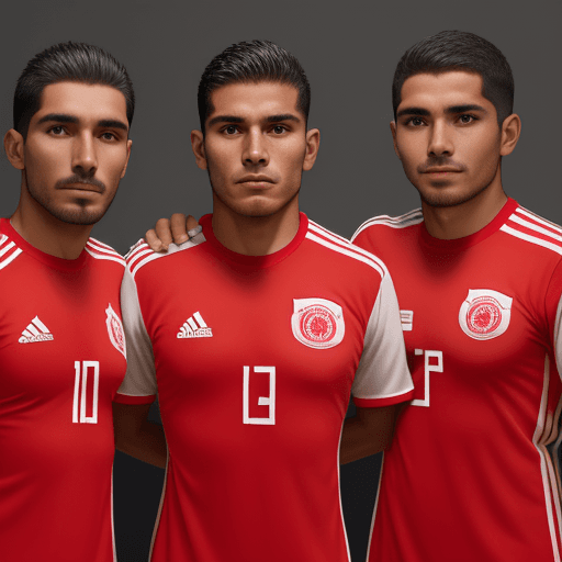 AI generated: Peruvian men's soccer team with the official Adidas withe and red uniform, and the official logo on ...