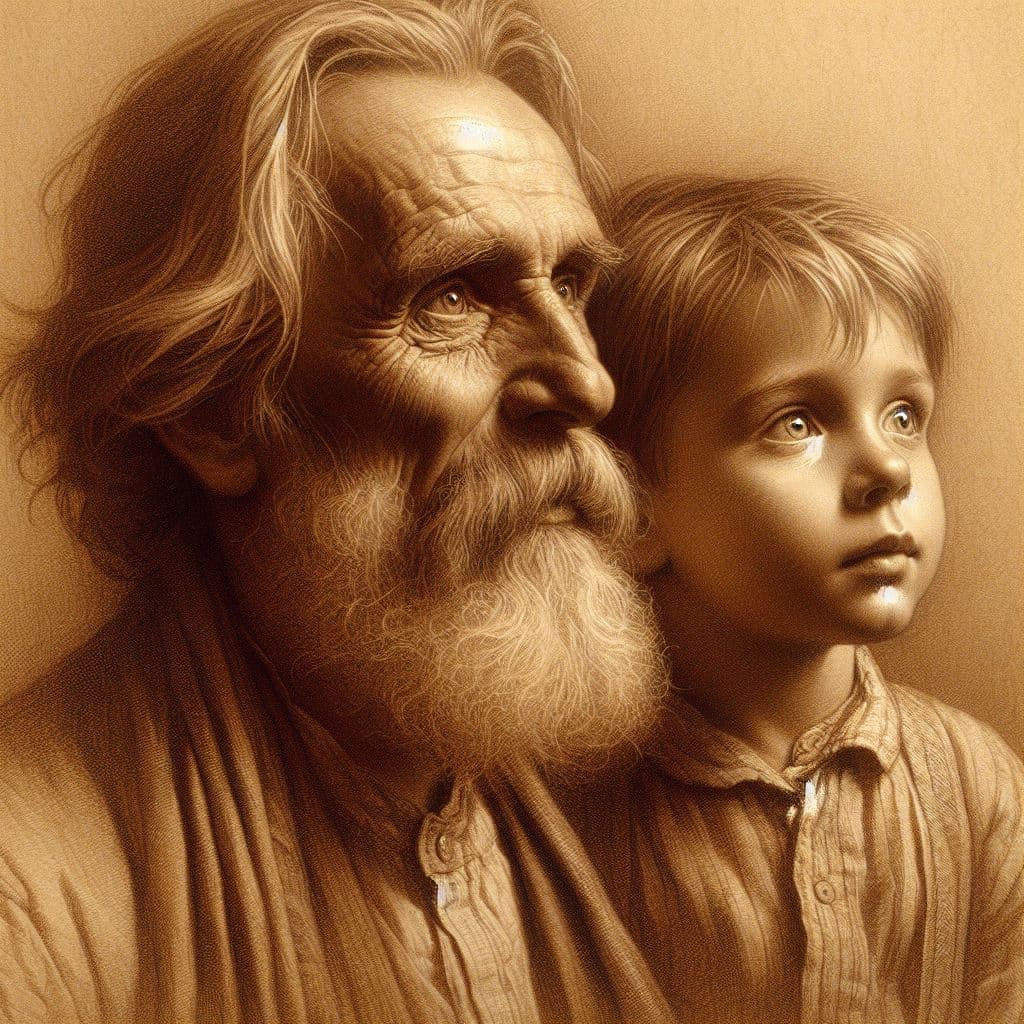 AI generated: Father and son, monochromatic painting, early 20th century