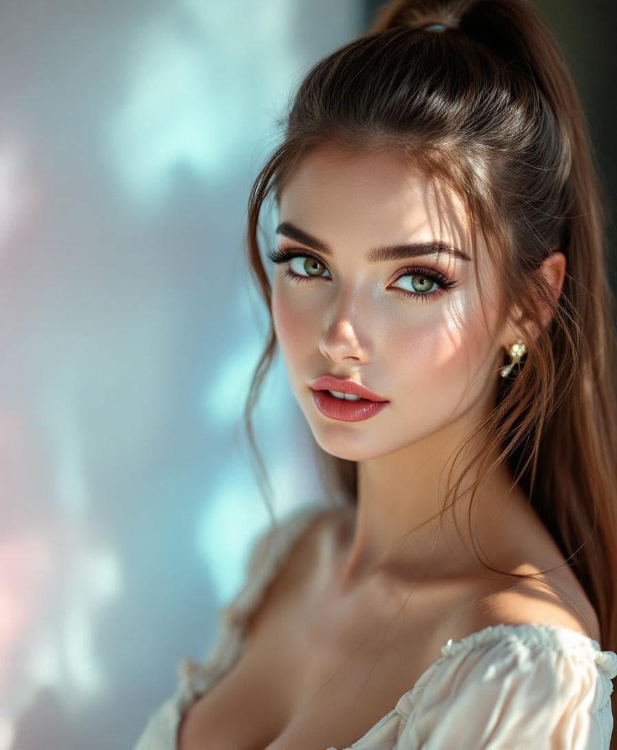 AI generated: cinematic--realistic photo--rule of thirds shots--nikon d850,Her hair is long, straight, and chestnu...
