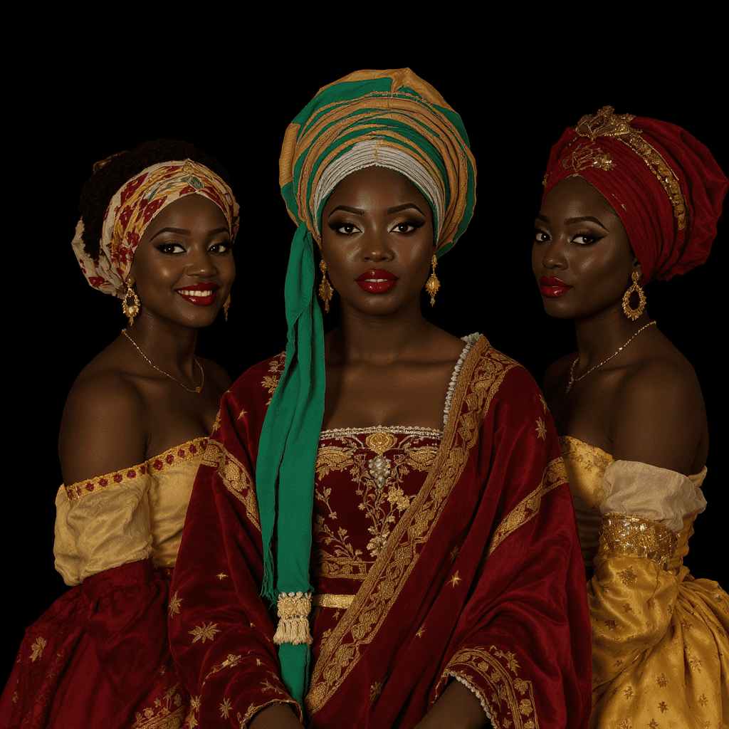 AI generated: three African American women in renaissance costume stand in a dark background, in the style of cont...