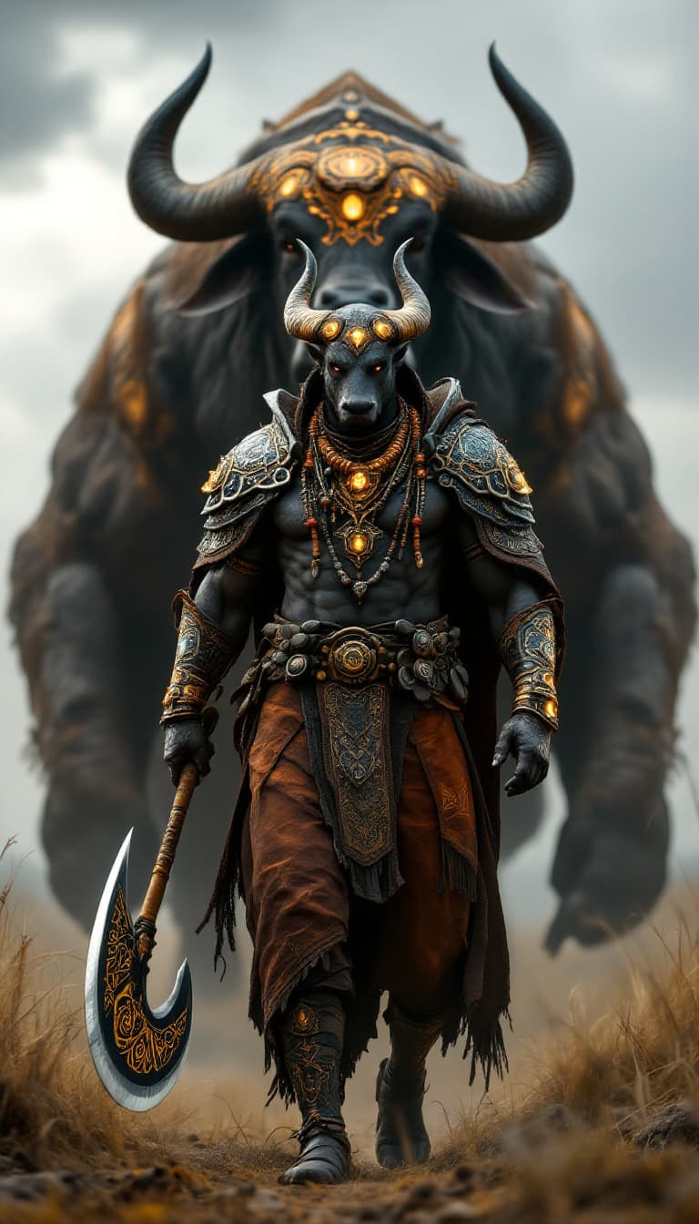 AI generated: An ultra-realistic, wide angle, front facing, full-body portrait of a skilled African Beastmaster, d...