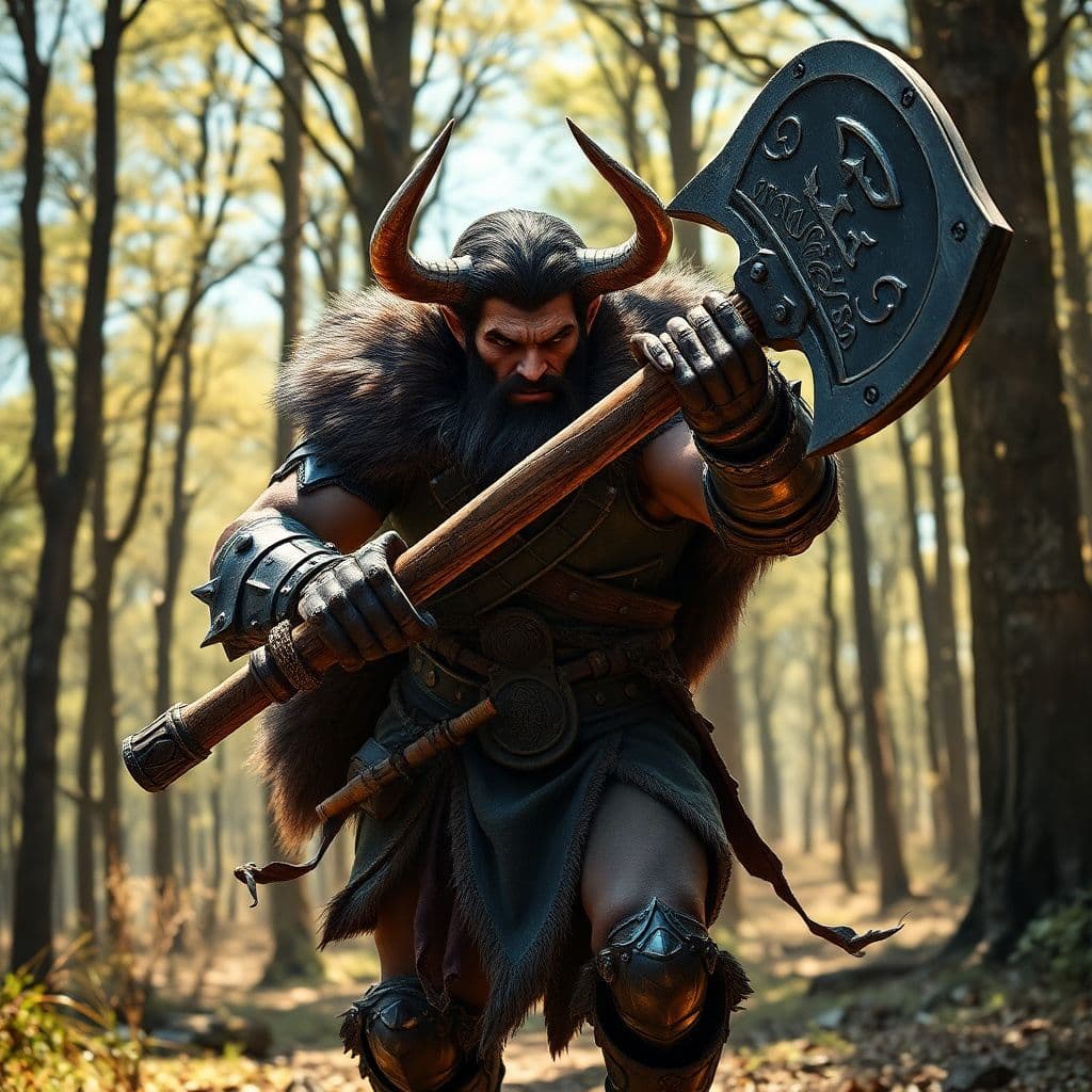 AI generated: A handsome-faced Minotaur barbarian warrior, clad in battered black chrome armor, charges forward in...
