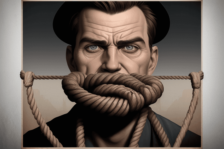 AI generated: a man with a rope around his mouth, poster art by Igor Morski, behance contest winner, shock art, po...