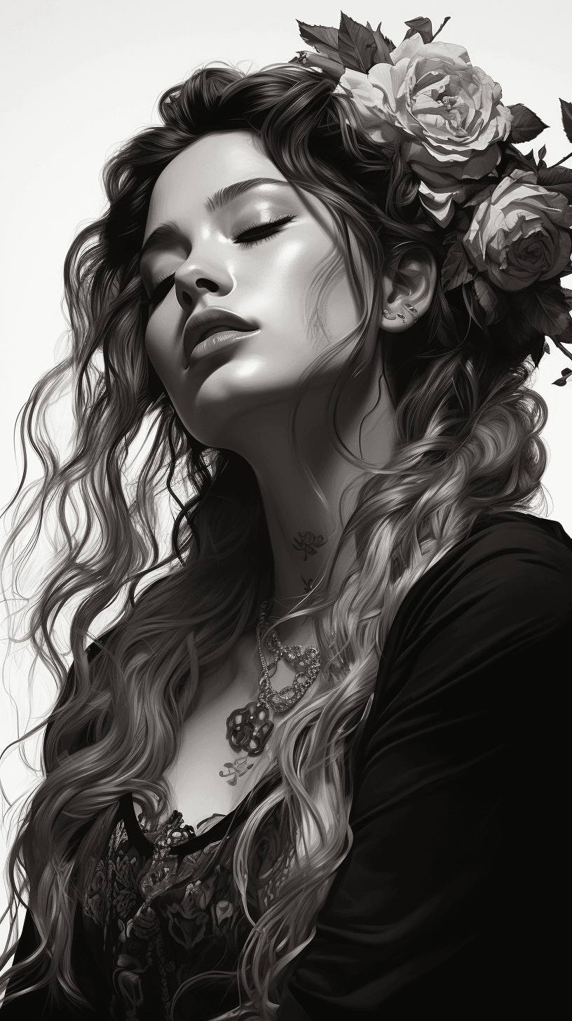 AI generated: black and white portrait of a woman having long hair and a tattoo on her arm, in the style of oliver...