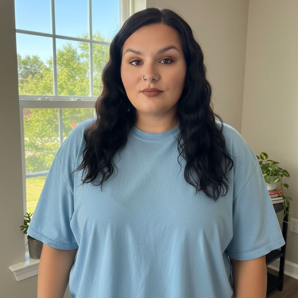 AI generated: Make this woman standing beside a window, wearing an oversized tshirt 