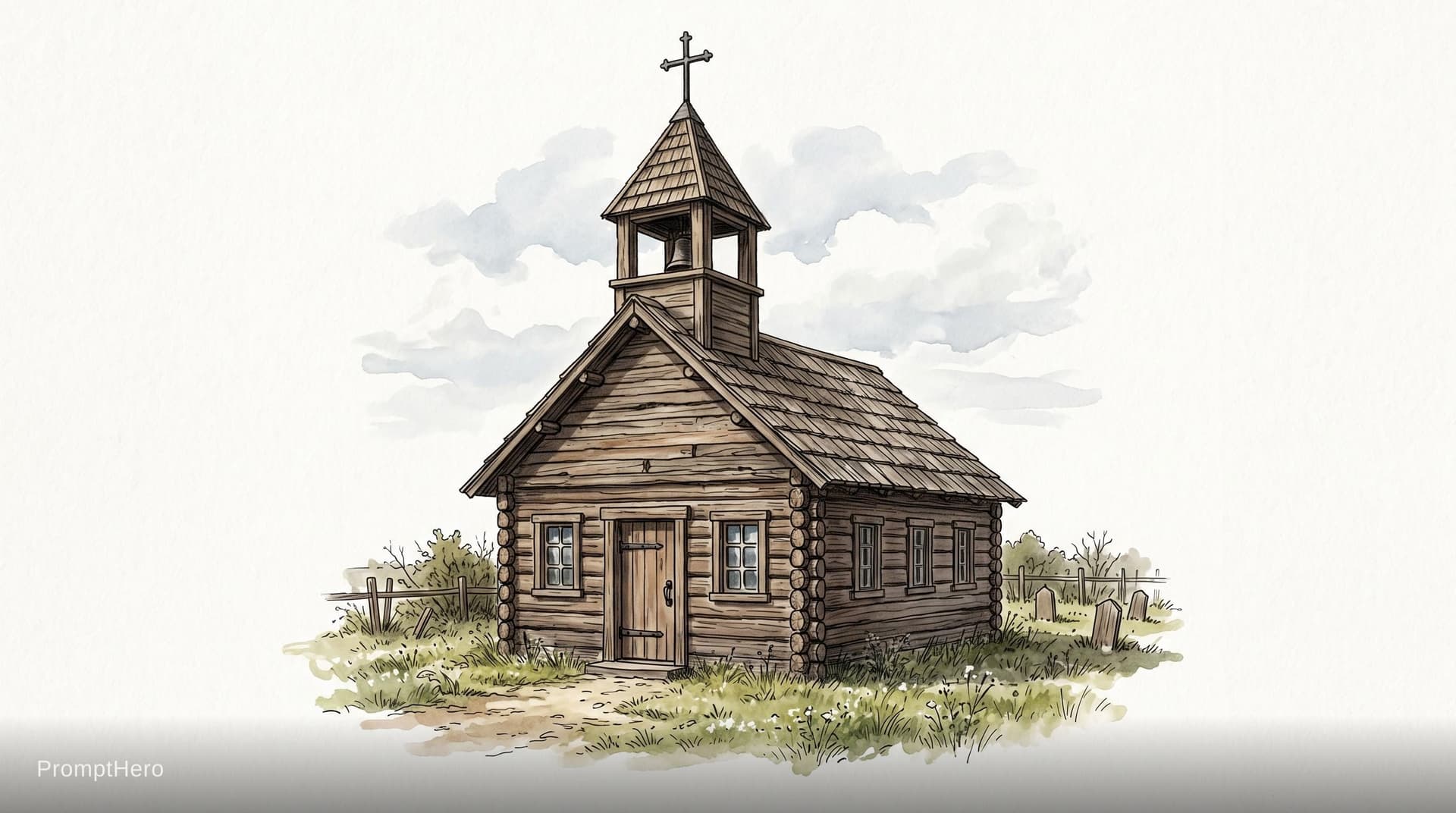 AI generated: 1829 wooden colonization church with cross. on white background.