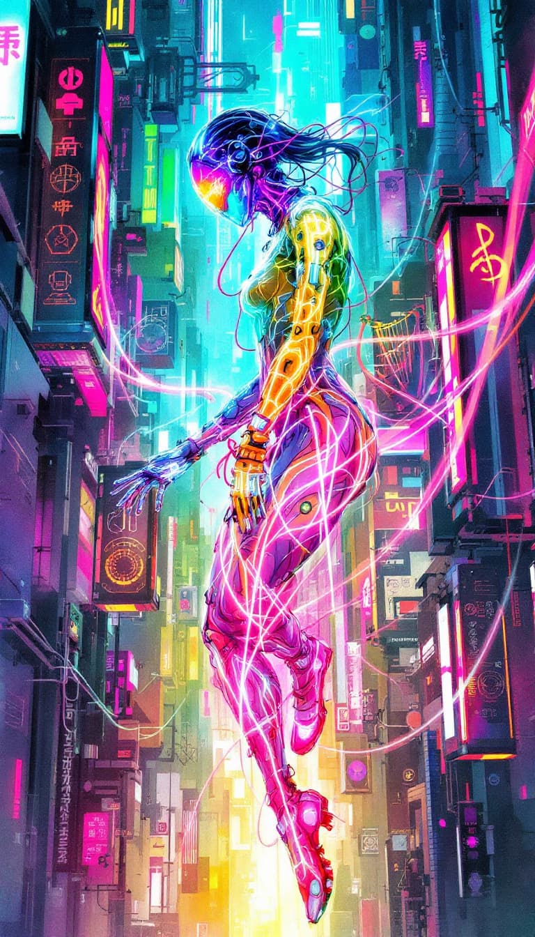 AI generated: Conceptual design: Cybernetic Muse from the Rhythmic Rebellion. This vibrant graffiti-punk digital w...