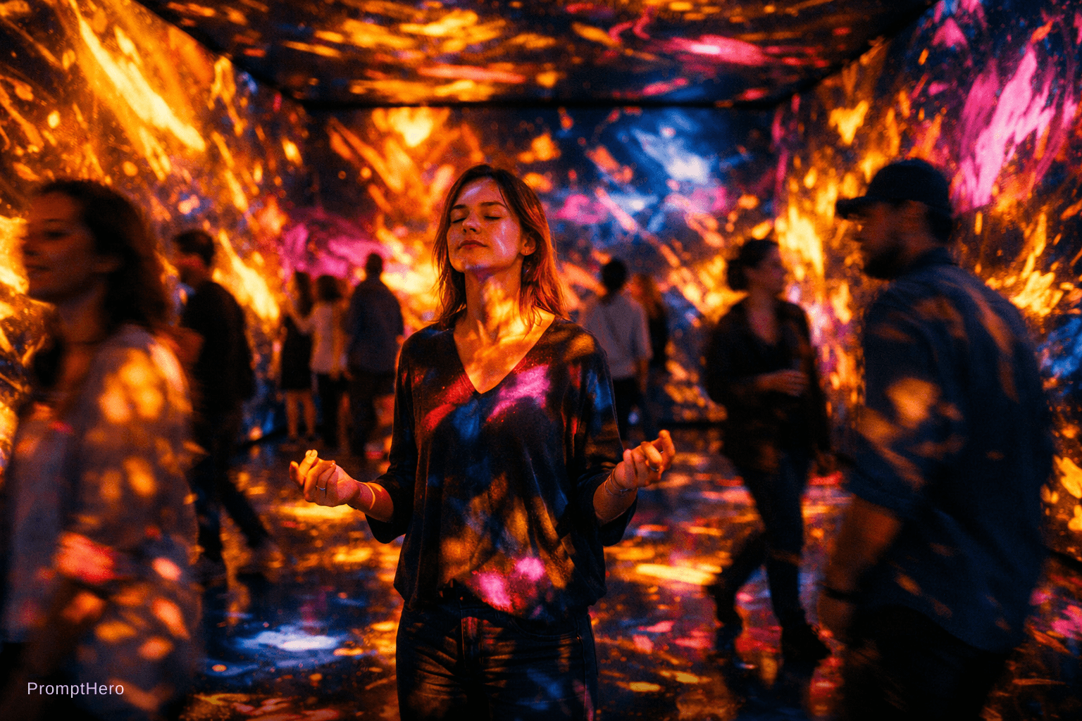 AI generated: Cinematic medium-wide interior photograph inside an immersive light art installation gallery at a fe...