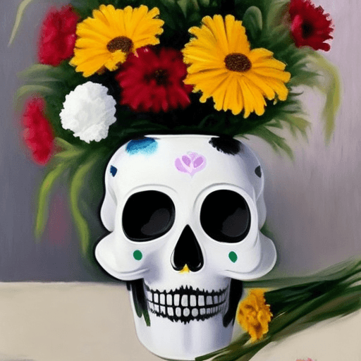 AI generated: white vase, colorful marigolds, black day of the dead small skull painted on