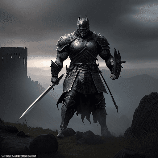 AI generated: In an epic fantasy landscape, an imposing and powerful Dark Knight stands in a fighting stance, read...