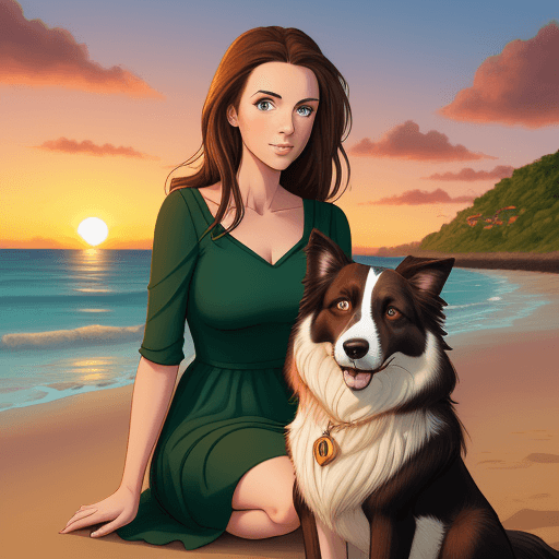 AI generated: Woman, brown hair, green eyes, blue dress, with dog, border collie, golden eyes, dark brown, sitting...