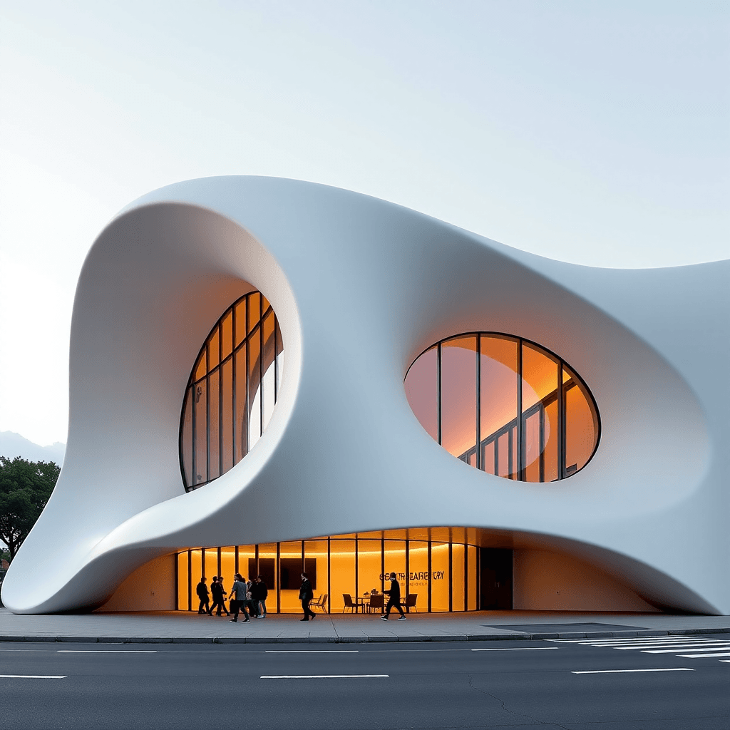 AI generated: Architectural design for a modern art museum, its facade a dynamic interplay of helicoid-inspired ra...