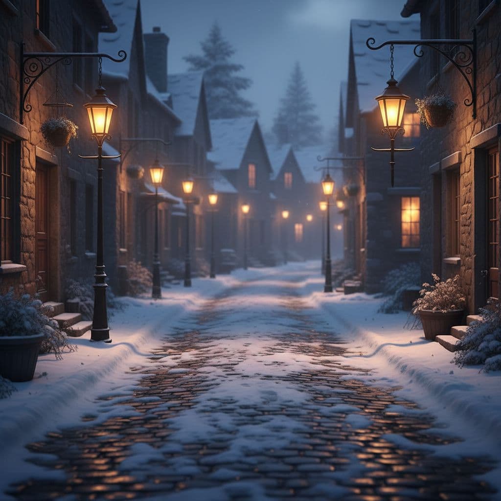 AI generated: Snow-covered cobblestone streets with glowing lanterns.