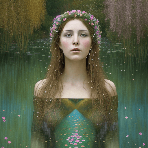 AI generated: Klimt and ((Waterhouse)) style.  ((woman)), with a perfect and beautiful face, in a surreal and mind...