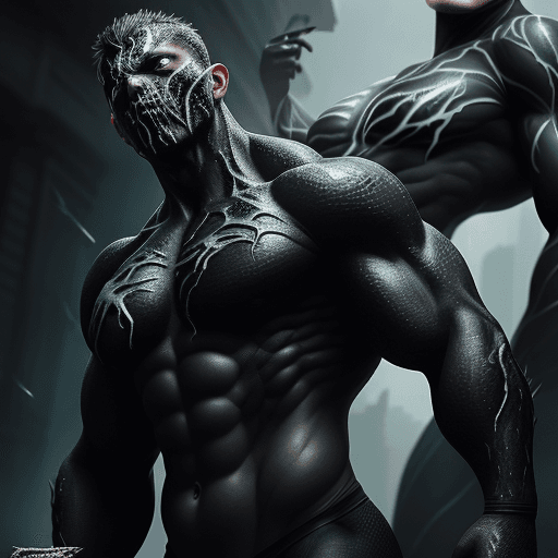 AI generated: Realistic portrait photo, the two friends have Venom powers and are posing with their bodies muscula...