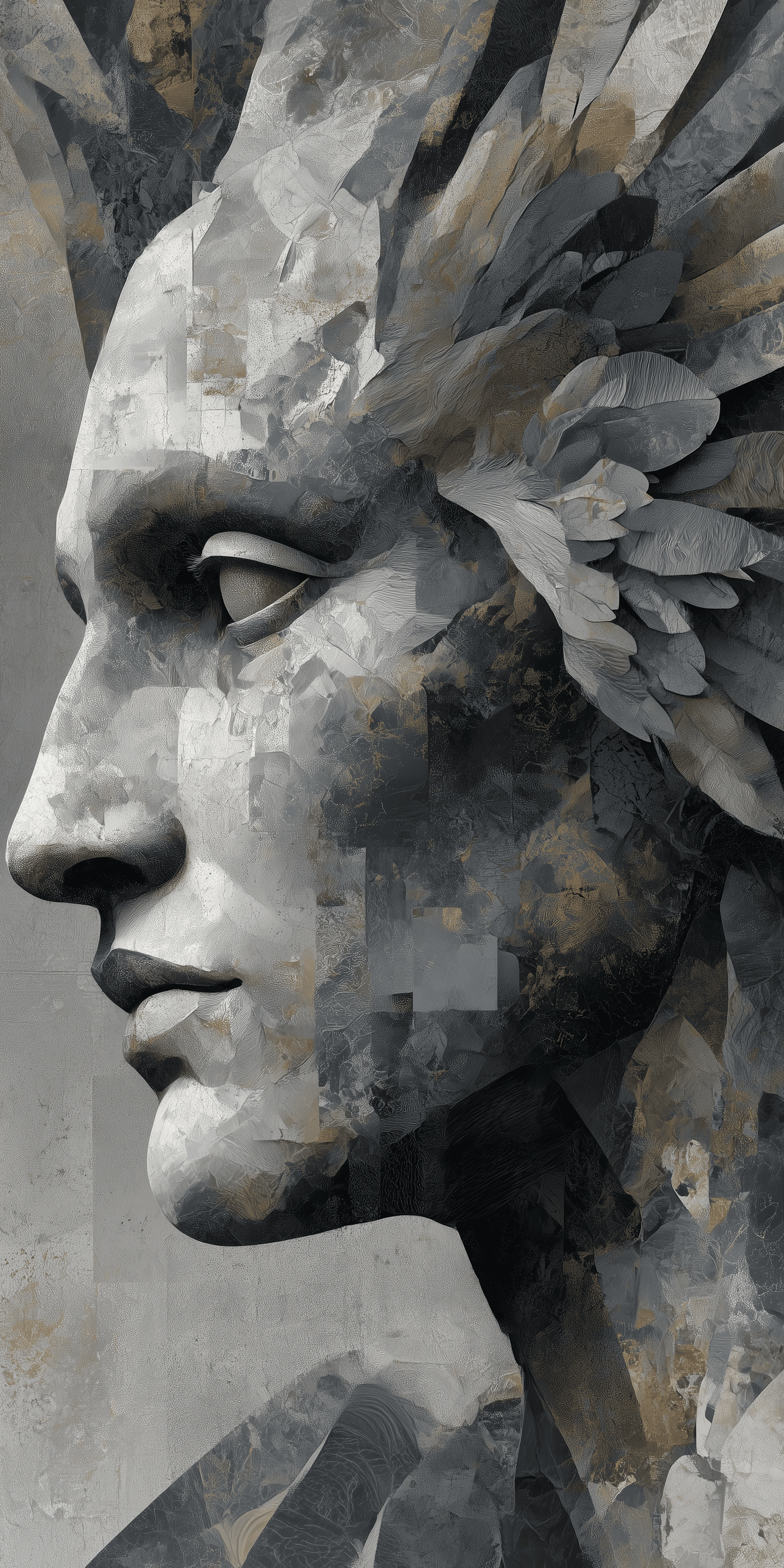 AI generated: An intricate and surreal illustration of the head of an angel, with wings made from paper collage in...