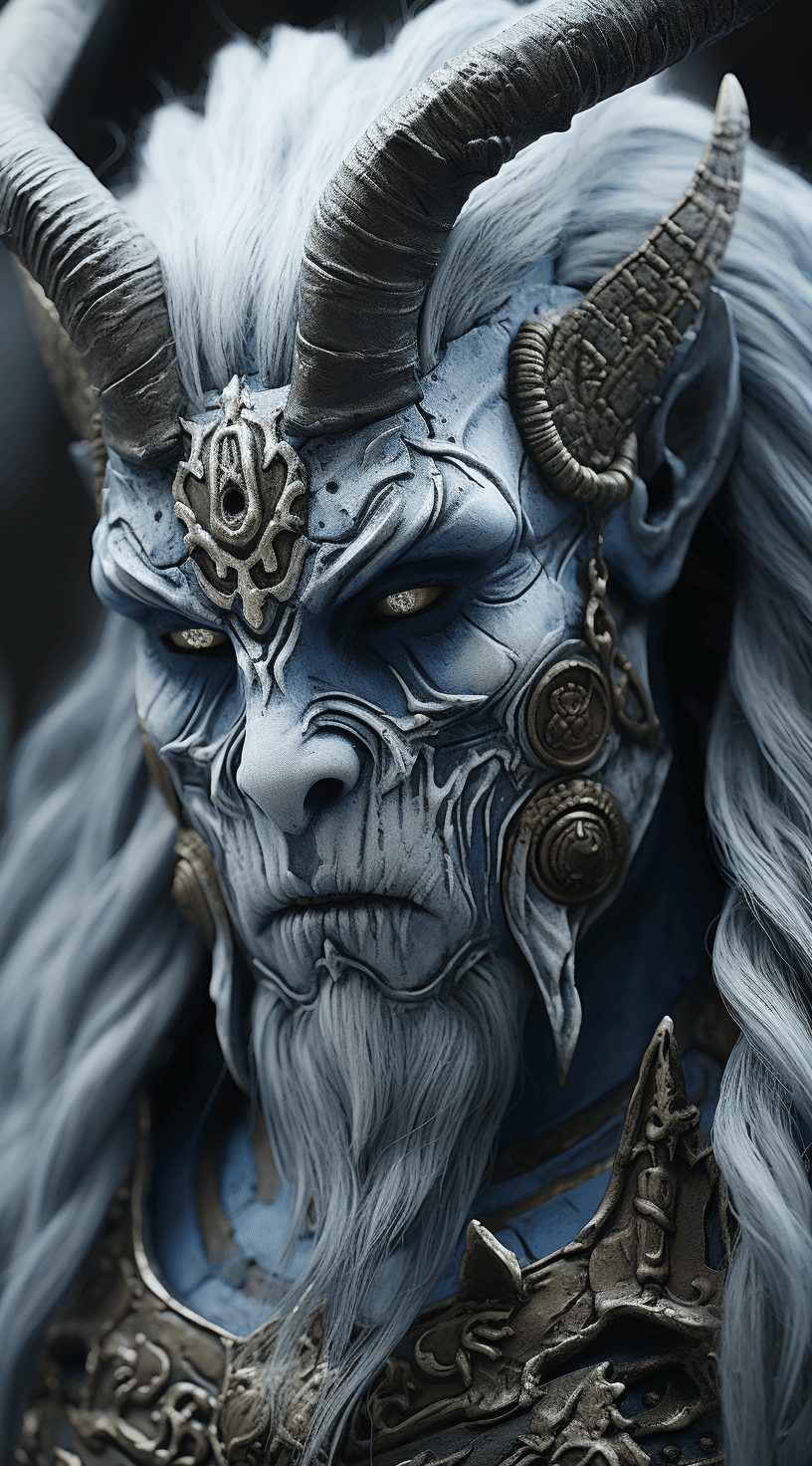 AI generated: some pictures of a giant blue deity with large horns on his face, in the style of unreal engine 5, d...