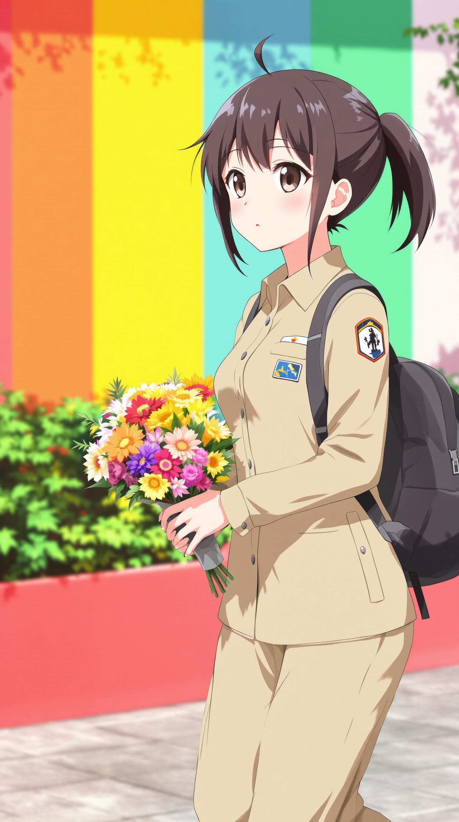 AI generated: In the image, a anime is seen walking outdoors, looking at side, holding a bouquet of flowers. The i...