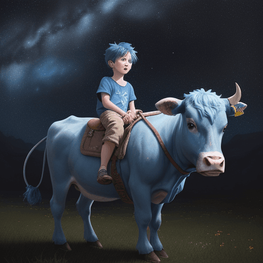 AI generated: Children’s drawing of a cute blue boy with a blue cute cow traveling the starry sky, dramatic light,...