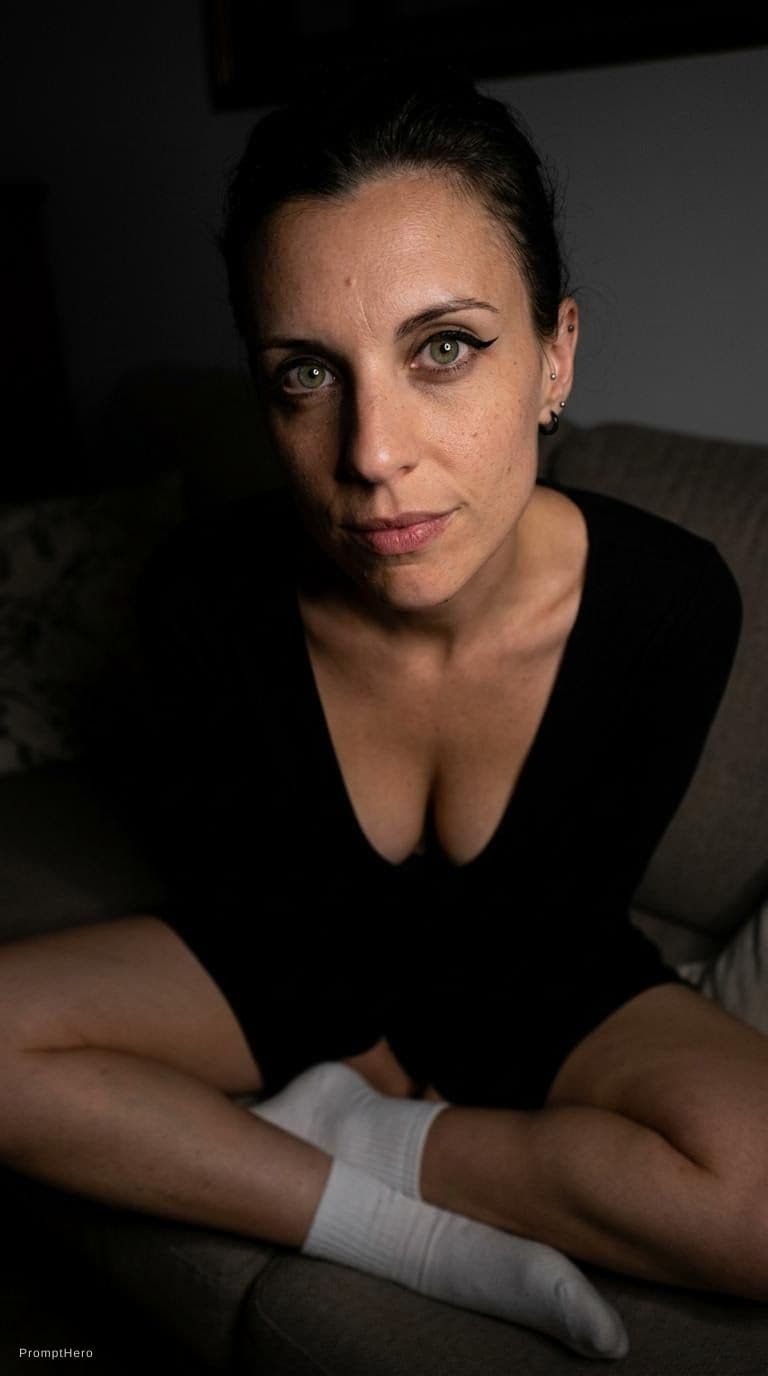 AI generated: looking at me. Sitting on a couch at night(no lights), wearing same (cleavage) dress and white socks...