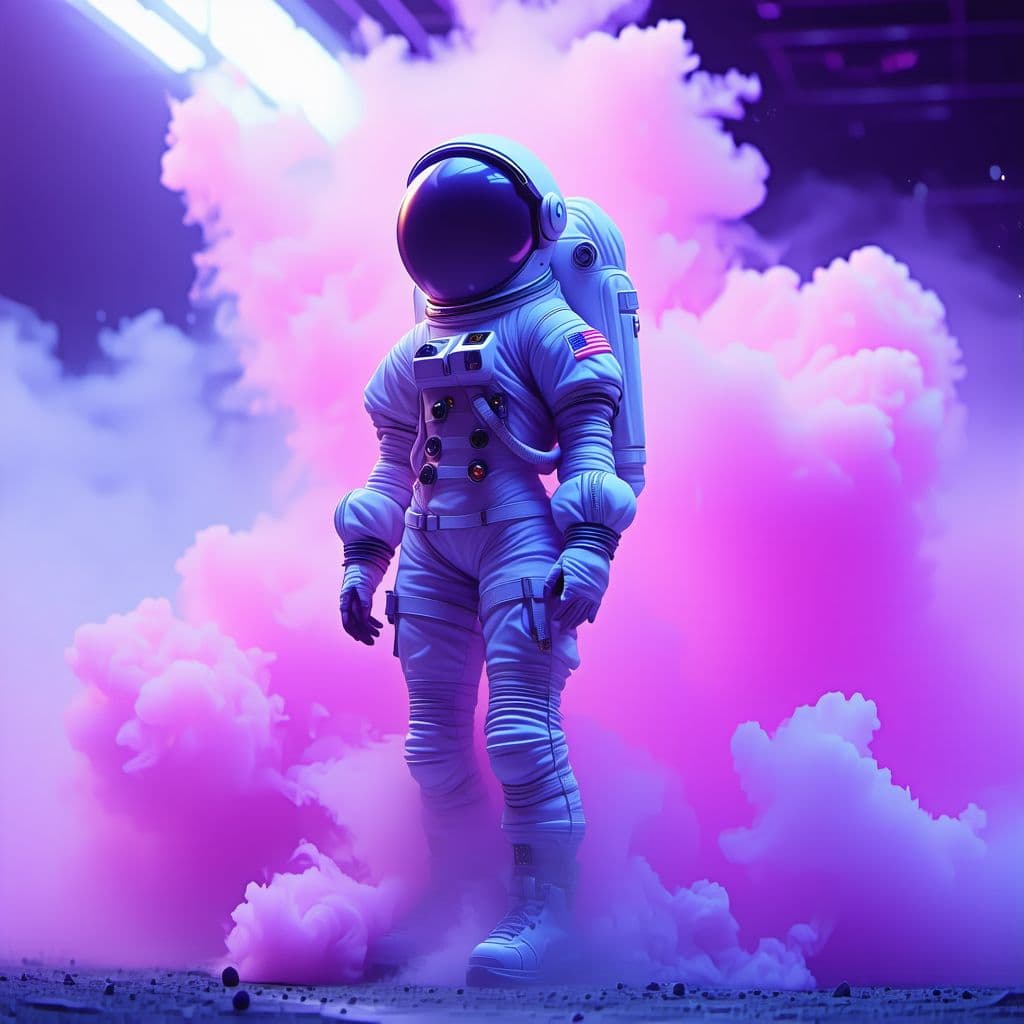 AI generated: girl in space suit, sci-fi, future, background spaceship, pink hair, alone, purple smoke , full body...