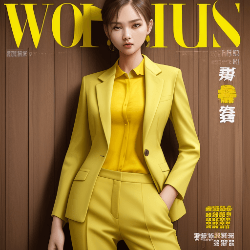 AI generated: fashion cover, front view, upper-body, woman model,  wooden  wall, green 
suit, yellow shirt, yellow...