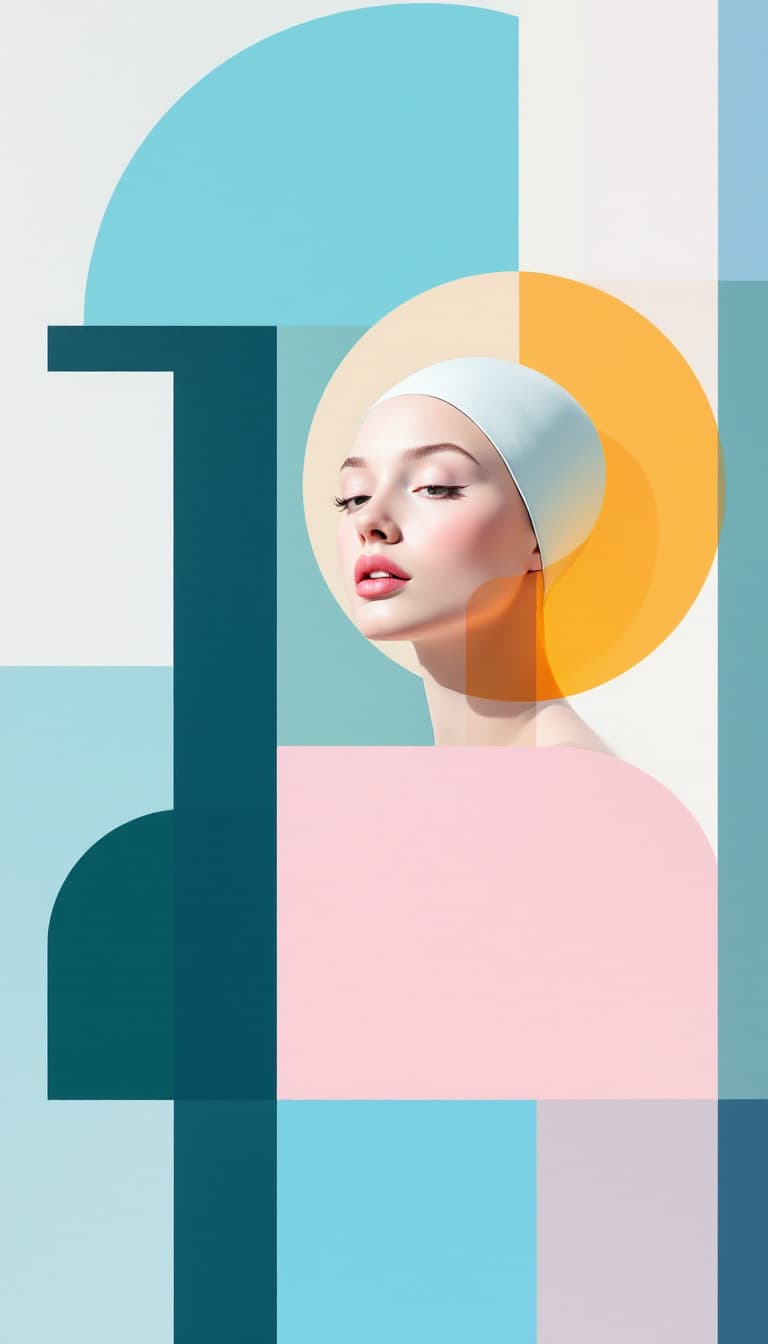 AI generated: Abstract minimalism, geometric shapes, pastel colors, minimalist, woman with swimming cap and swimsu...